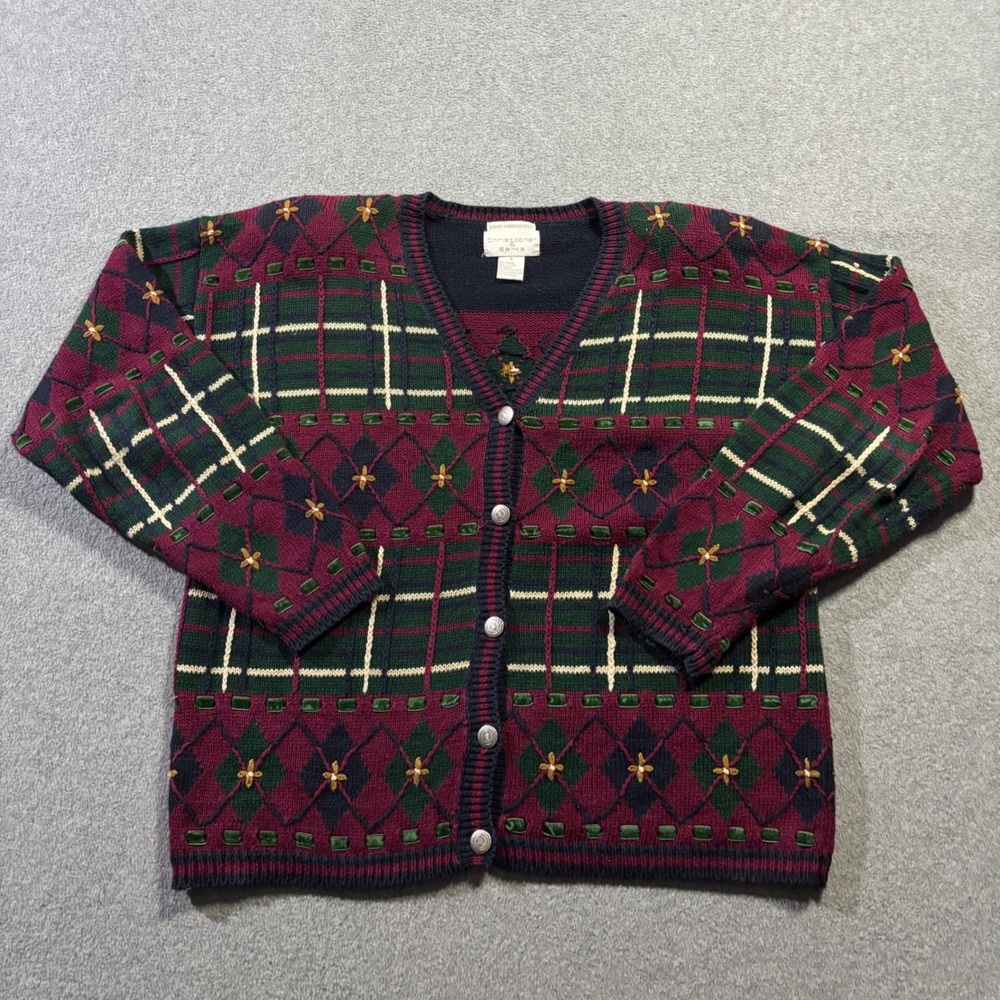 Vintage Christopher & Banks Cardigan Women Small Multi Plaid Argyle Embroidered